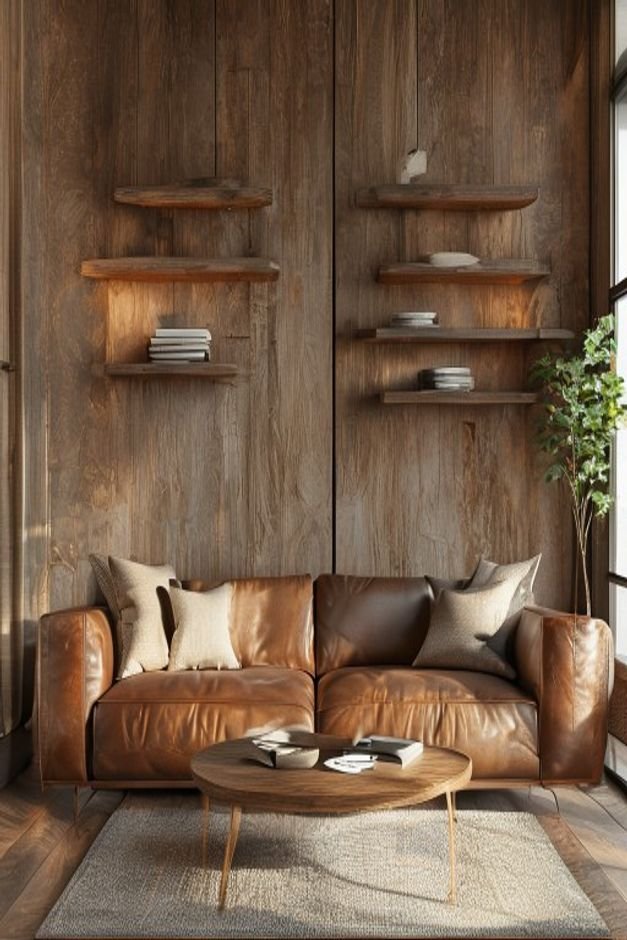 A modern rustic living room with a comfortable leather sofa Above the sofa two symmetrical floating shelves made of recl