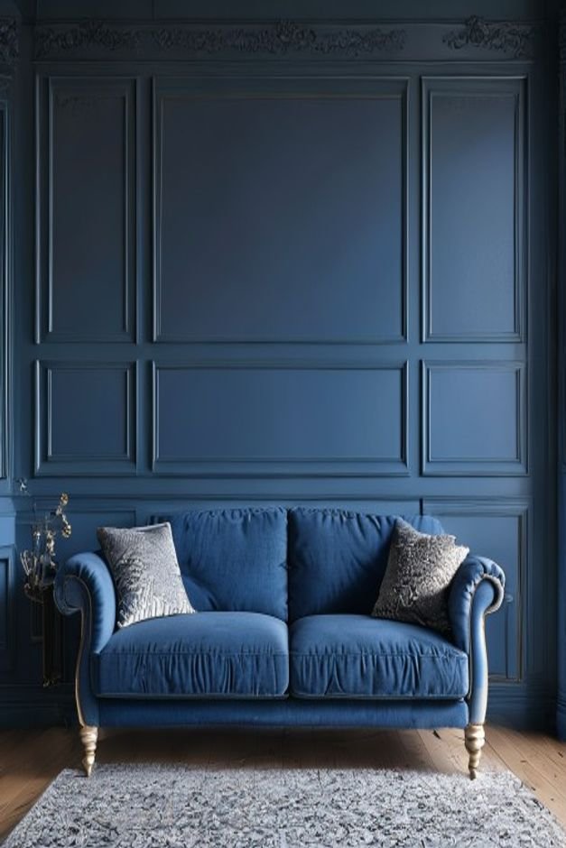 A classic living room with a deep blue sofa against a wall featuring elegant wainscoting and crown molding Above the wai