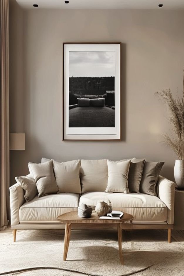 A sophisticated living room with a structured beige sofa Above the sofa a large framed black and white photograph is hun