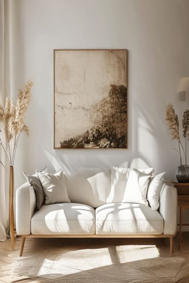 Editorial home photo for A Balanced Conclusion for Above Sofa Wall Decor, natural light, realistic styling, no text overlay