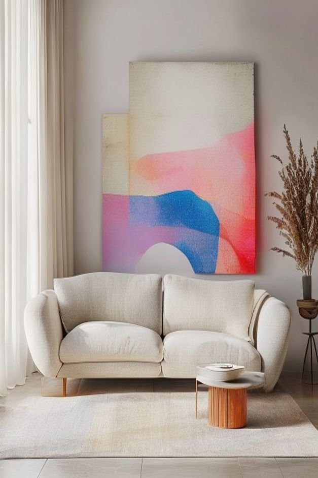 A stylish living room scene featuring a minimalist sofa in a light gray or cream with one oversized vibrant abstract pai