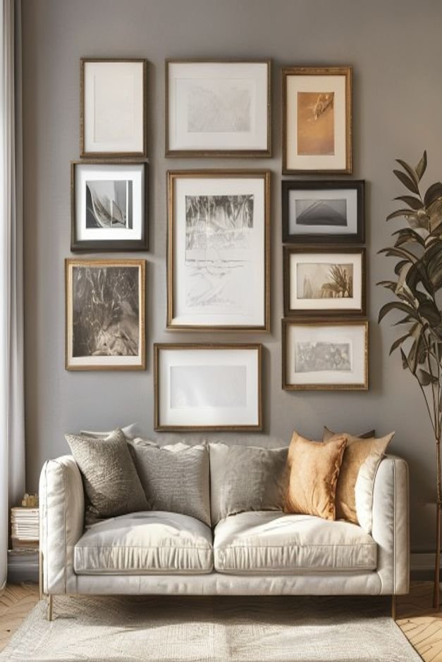 A meticulously arranged gallery wall above a comfortable fabric sofa The collection includes varied frame sizes and styl