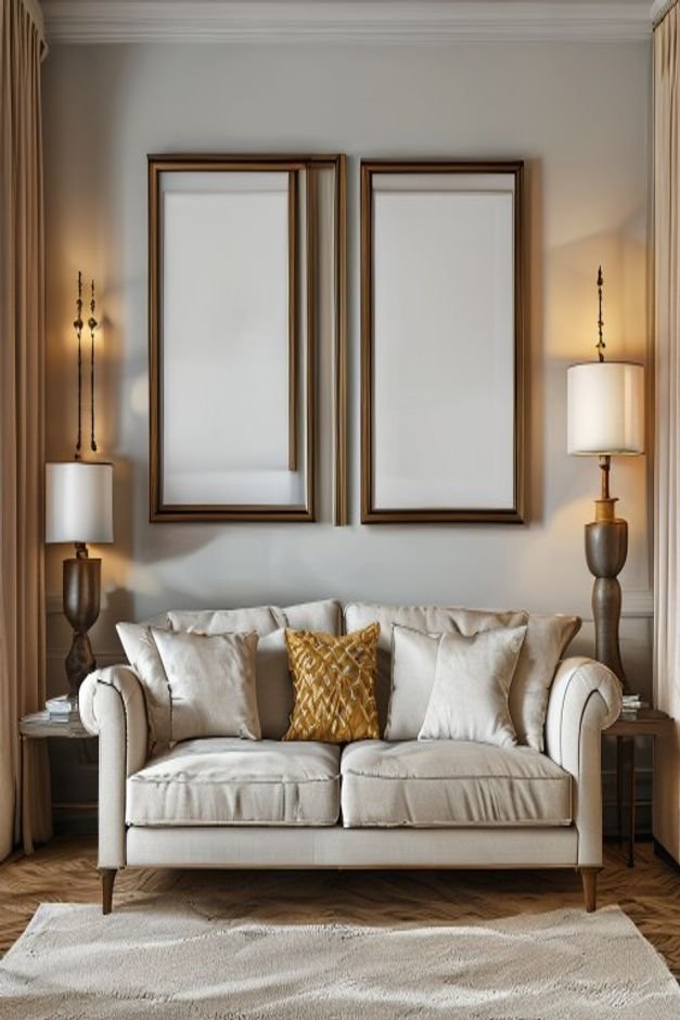 A classic living room with two identical framed prints or sconces placed symmetrically above a traditional sofa A large