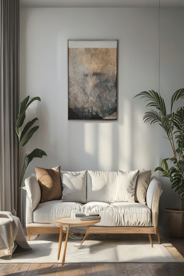 A medium shot of a contemporary living room showing a sofa and a piece of art hanging above it with a clear visual demon