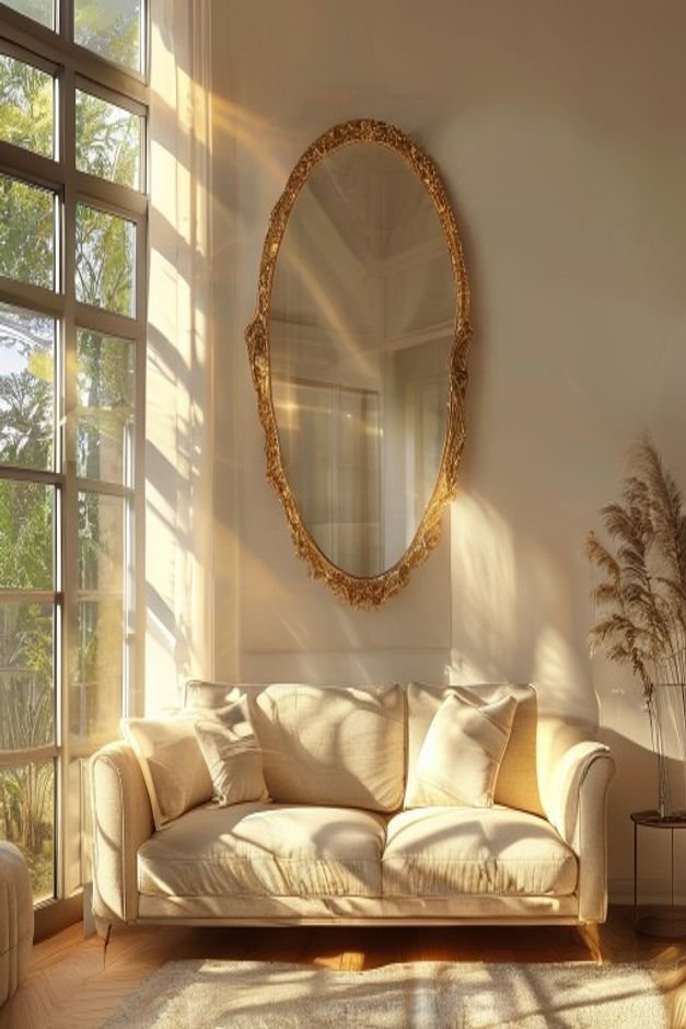 A sunlit living room with a large decorative mirror reflecting light from a window positioned above a sofa The mirror ha