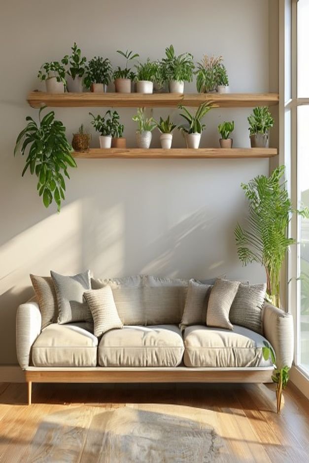 A styled living room featuring a long low floating shelf above a sofa adorned with a mix of small potted plants decorati