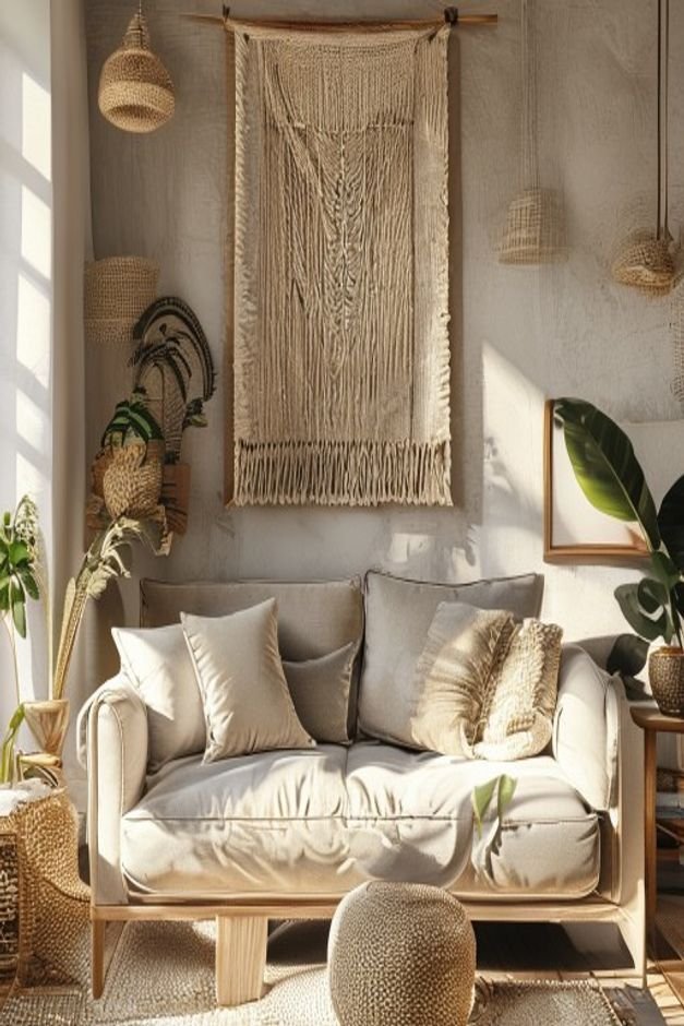 A cozy living room with a fabric sofa above which a woven wall hanging macrame or tapestry is layered with a small frame