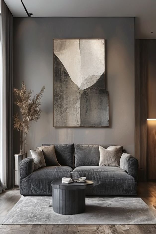 A spacious modern living room with a deep charcoal gray sofa Above it a single oversized abstract art piece in muted ton