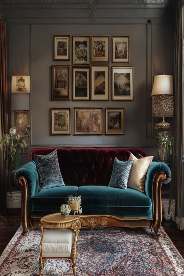 An eclectic living room featuring a vintage velvet sofa in a rich jewel tone Above the sofa a carefully curated gallery