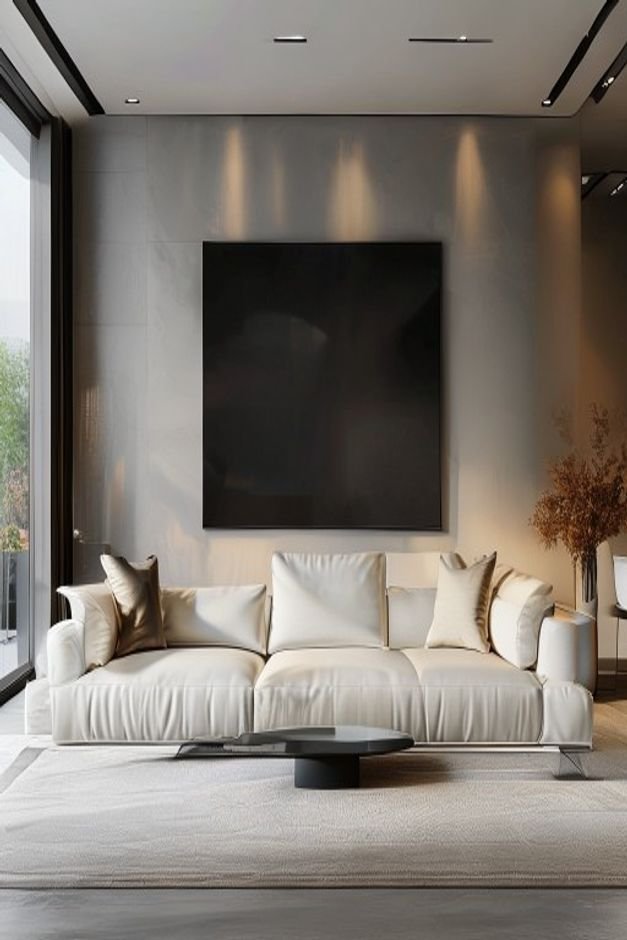 A contemporary living room with a sleek low-profile white leather sofa Centered above it is a large bold piece of contem