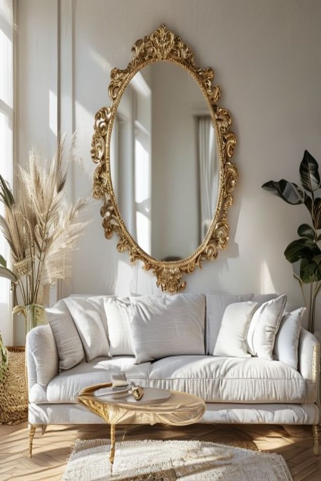 A bright airy living room with a light gray linen sofa Above the sofa a large ornate gilded mirror reflects the natural