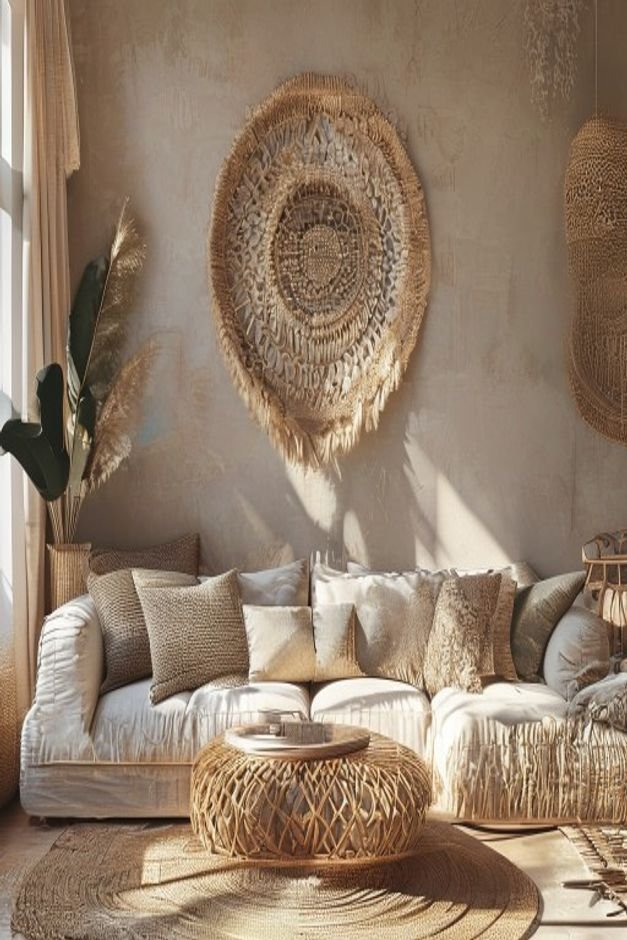 A bohemian-inspired living room with a natural-toned woven sofa Above it a large intricate macrame wall hanging with fri