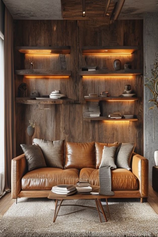A modern rustic living room with a comfortable leather sofa Above the sofa two symmetrical floating shelves made of recl