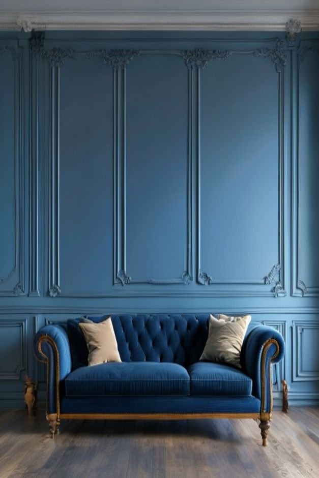 A classic living room with a deep blue sofa against a wall featuring elegant wainscoting and crown molding Above the wai