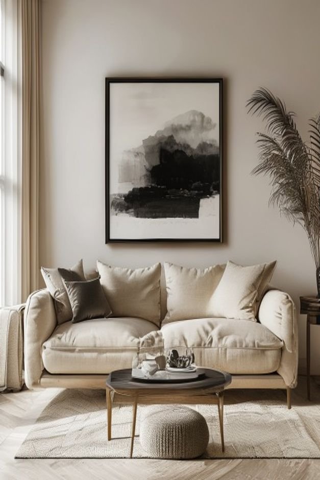A sophisticated living room with a structured beige sofa Above the sofa a large framed black and white photograph is hun