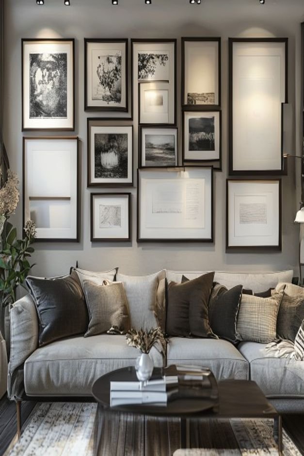 A close-up view of a meticulously arranged gallery wall above a sofa The frames are a mix of black white and natural woo