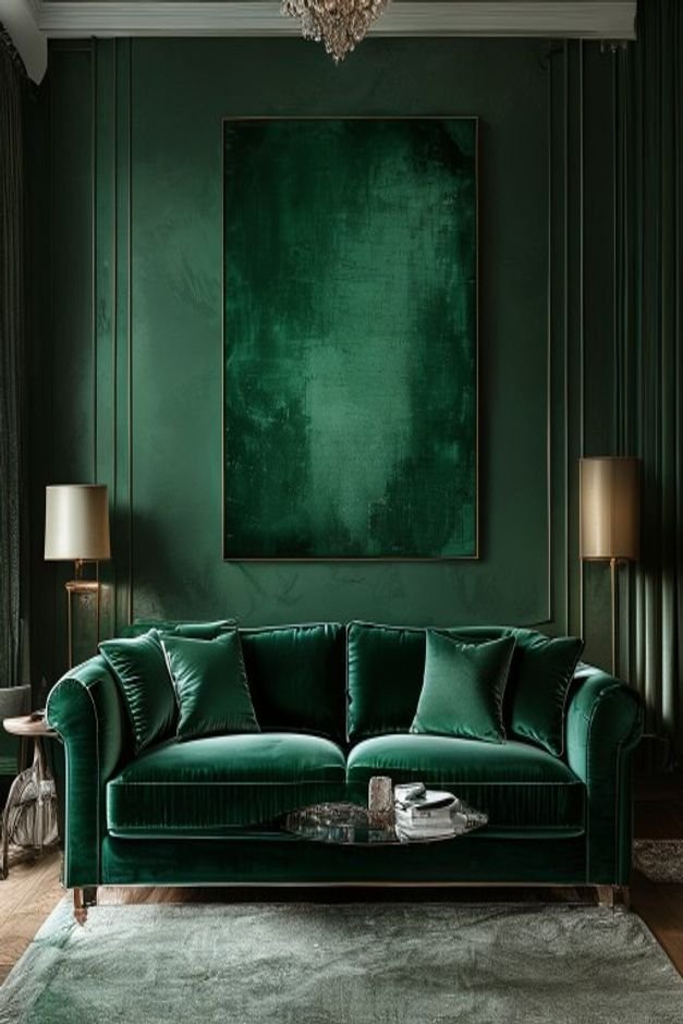 A dramatic living room scene with a deep emerald green velvet sofa Centered above it a single very large canvas piece wi