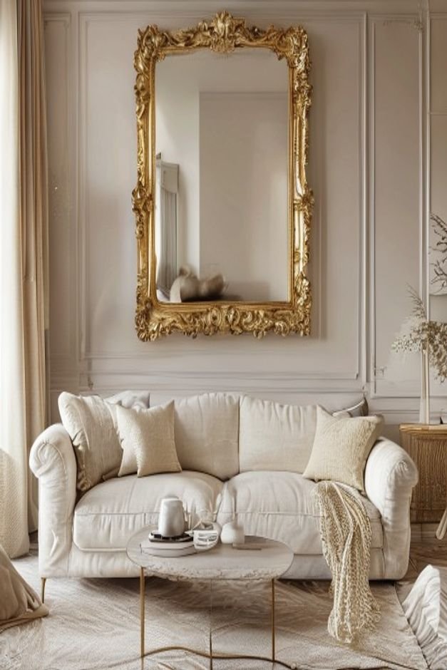 A contemporary living room with a cream-colored linen sofa Above it a large ornate gold-framed mirror reflects the oppos