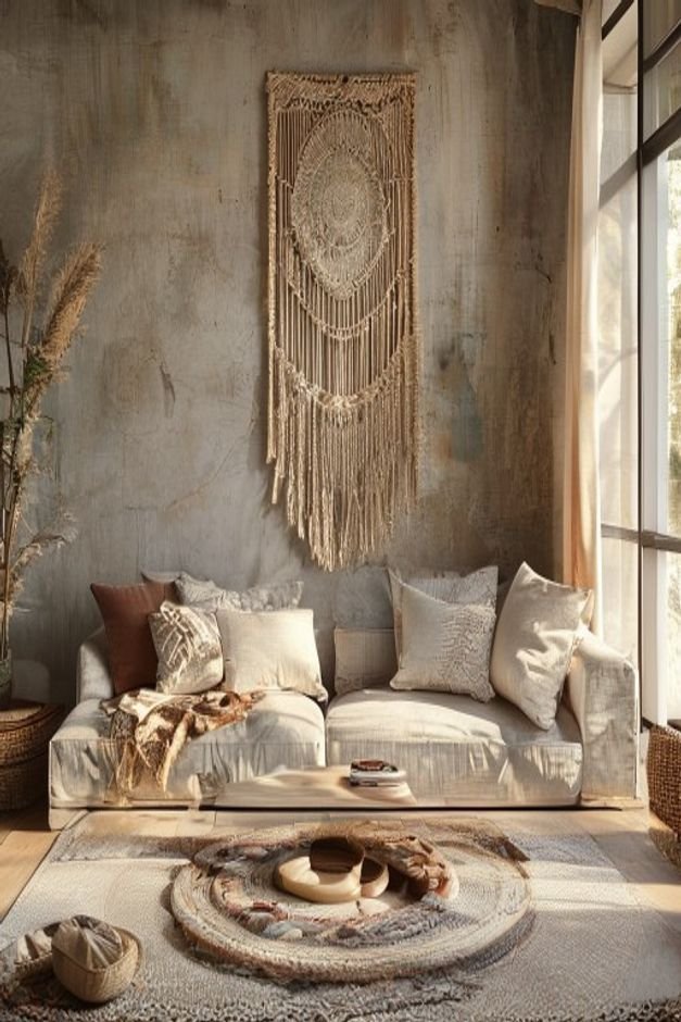 A bohemian-inspired living room with a low-slung textured sofa Above the sofa a large hand-woven macrame wall hanging wi