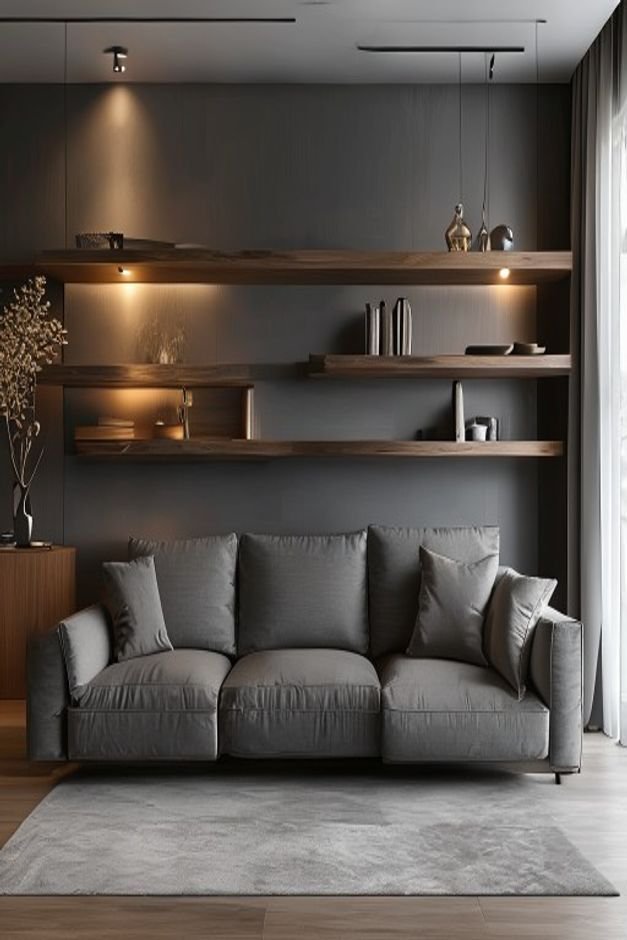 A sleek modern living room with a charcoal grey sofa Above the sofa two long floating wooden shelves are impeccably styl