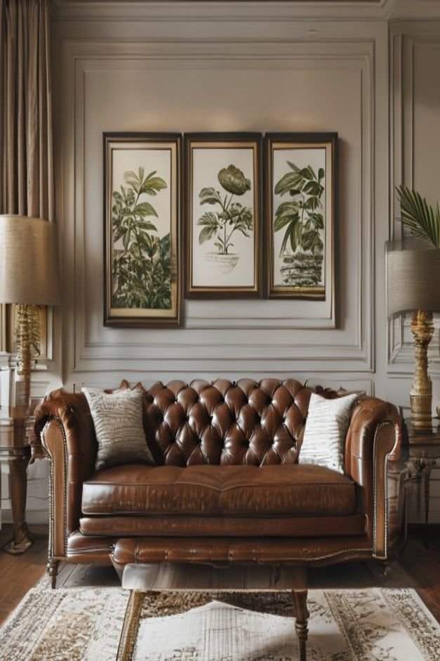 A sophisticated living room featuring a classic Chesterfield sofa Above it a pair of matching large framed botanical pri