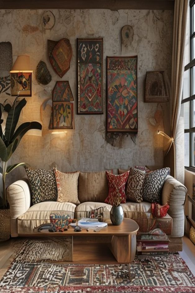 A cozy eclectic living room with a comfortable patterned sofa Above the sofa a collection of three-dimensional wall scul