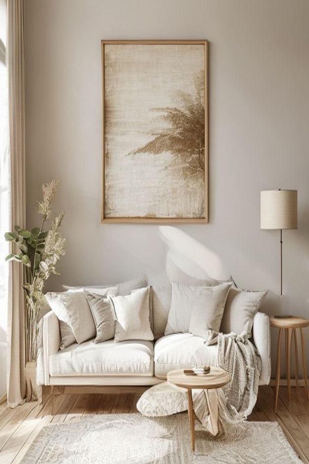 Editorial home photo for A Cohesive Look for Above Sofa Wall Decor, natural light, realistic styling, no text overlay