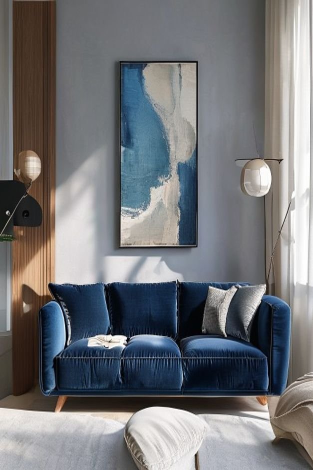 A contemporary living room scene focusing on a plush deep blue velvet sofa Above it a single very large piece of abstrac