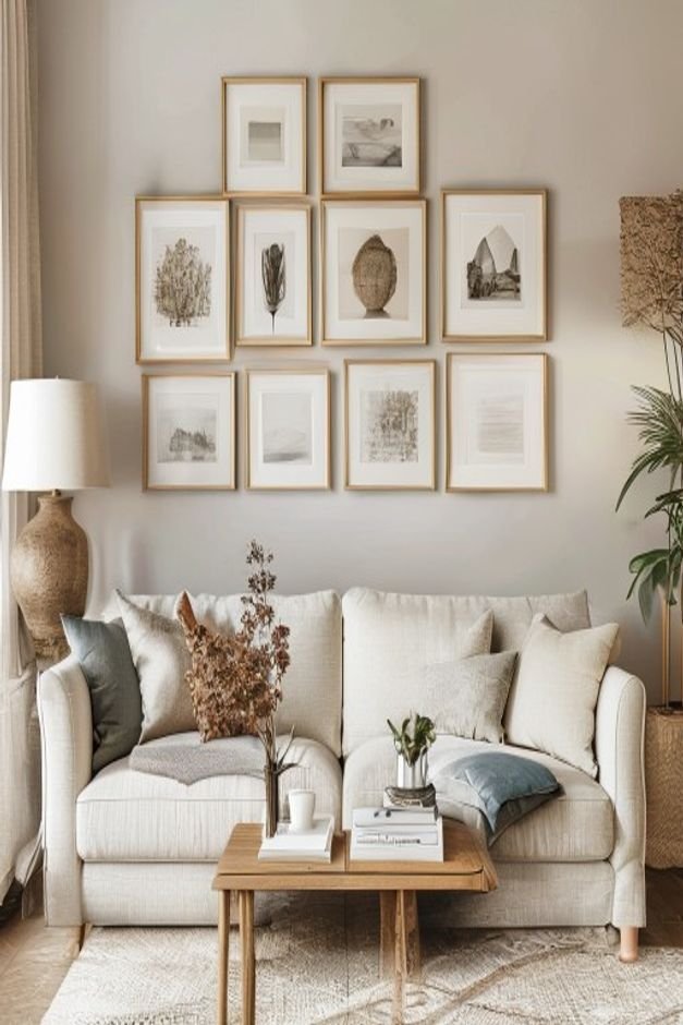 A classic living room with a neutral-toned linen sofa Above it a perfectly symmetrical gallery wall featuring six identi