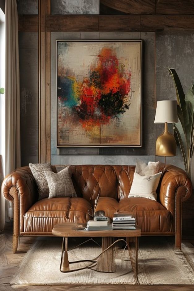 A cozy eclectic living room featuring a comfortable worn leather sofa Above the sofa an artfully arranged asymmetrical g