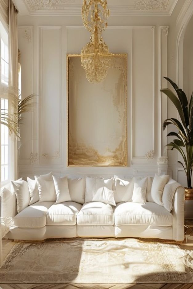 A bright airy living room with a light-colored sectional sofa Above the longer section of the sofa a large ornate gold-f