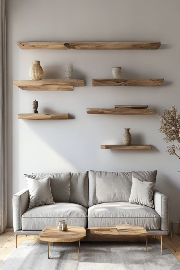 A modern living room with a minimalist grey sofa Above it two sleek natural wood floating shelves are mounted horizontal