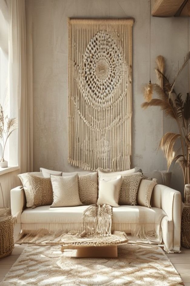 A bohemian-inspired living room with a low-slung cream-colored sofa Above the sofa a large intricately woven macrame wal