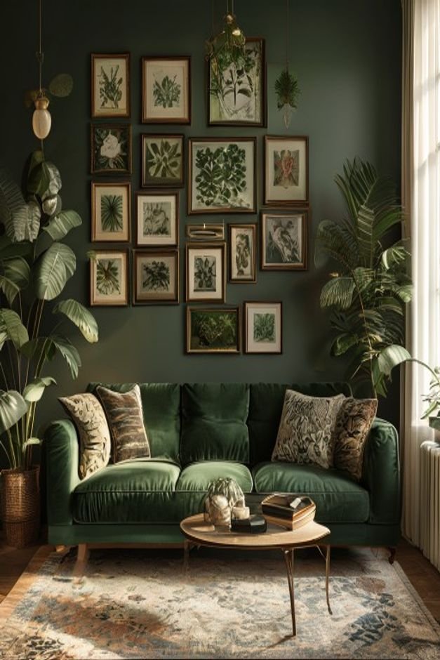 An artfully designed living room with a deep olive green sofa Above it a unique collection of vintage framed botanical p