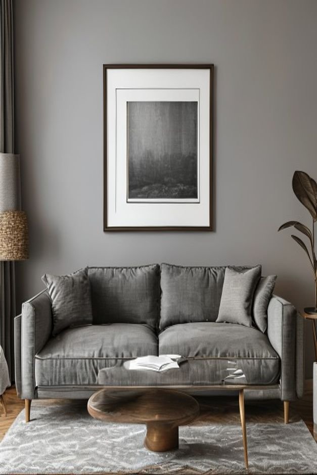 A sophisticated living room with a tailored charcoal grey sofa Centered above the sofa a single piece of framed contempo