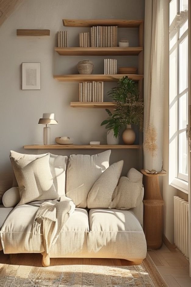 Editorial home photo for 13. Stack Vertically for Height, natural light, realistic styling, no text overlay