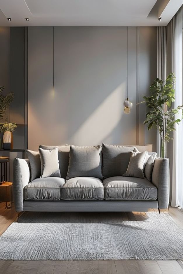A medium shot of a chic living room A three-seater sofa with clean lines and a charcoal grey upholstery is centered agai