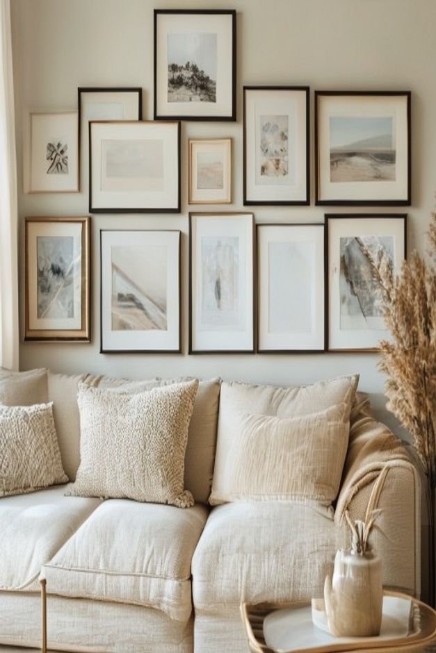 A close-up editorial view of a thoughtfully curated gallery wall above a cream-colored sofa The frames are a mix of thin