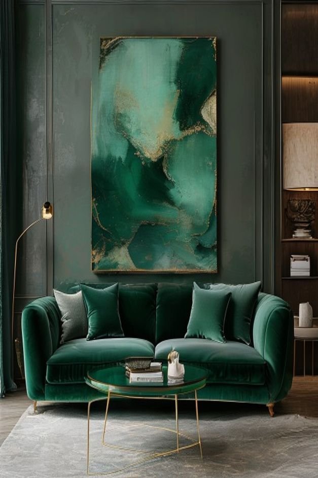 A luxurious living room scene with a deep emerald green velvet sofa Above it a single oversized abstract painting with b