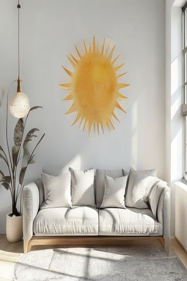 A bright contemporary living room A minimalist grey sofa is positioned against a white wall Above it a large ornate sunb