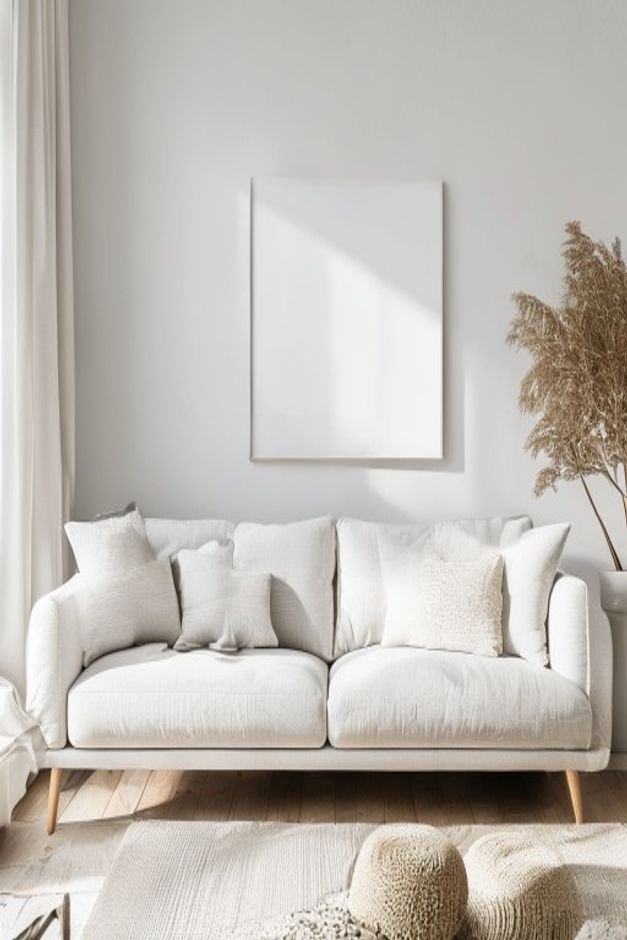 A stylish Scandinavian-inspired living room A light grey linen sofa is backed by a white wall featuring two long slender