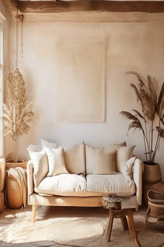 A cozy bohemian-style living room A low-slung natural linen sofa is against a warm off-white wall Above it a large hand-