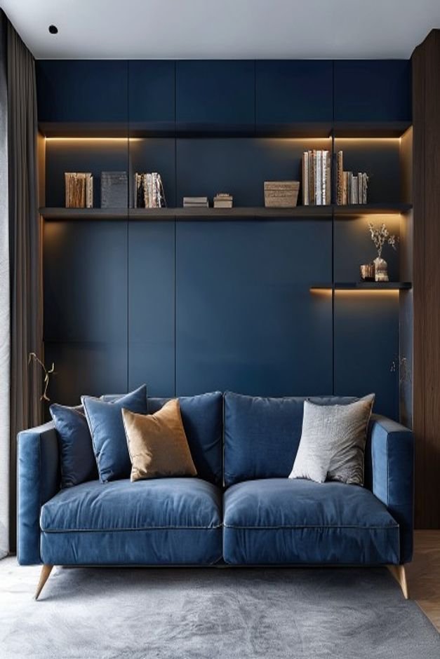 A modern living space with a tailored navy blue sofa The wall behind it features custom-built shallow recessed shelving