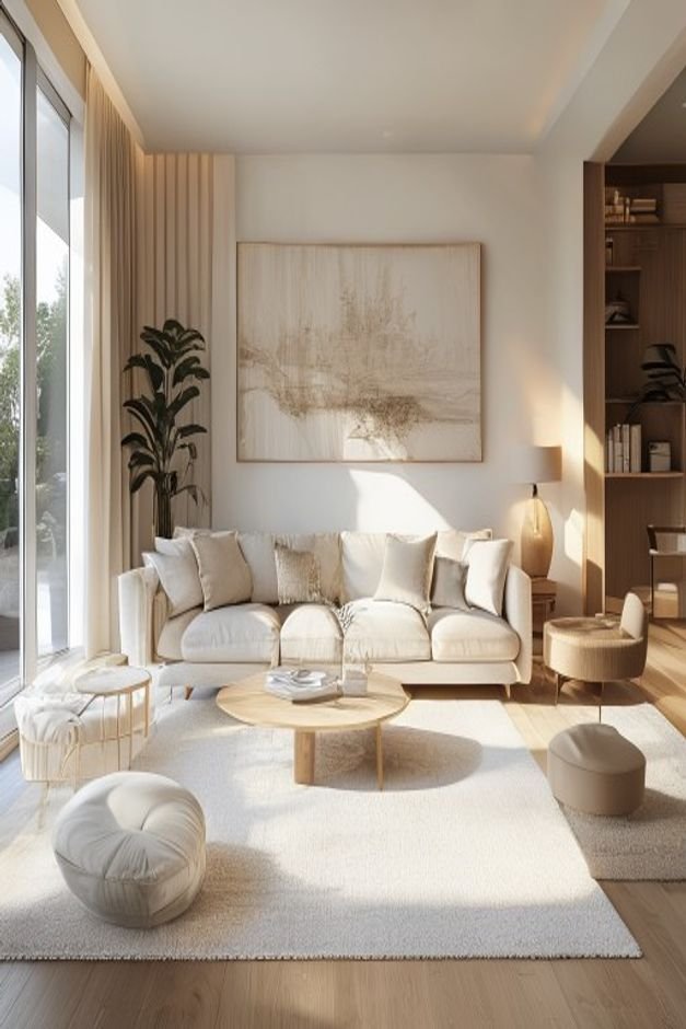 A beautifully composed inviting living room from a slightly elevated eye-level perspective A comfortable light-colored s