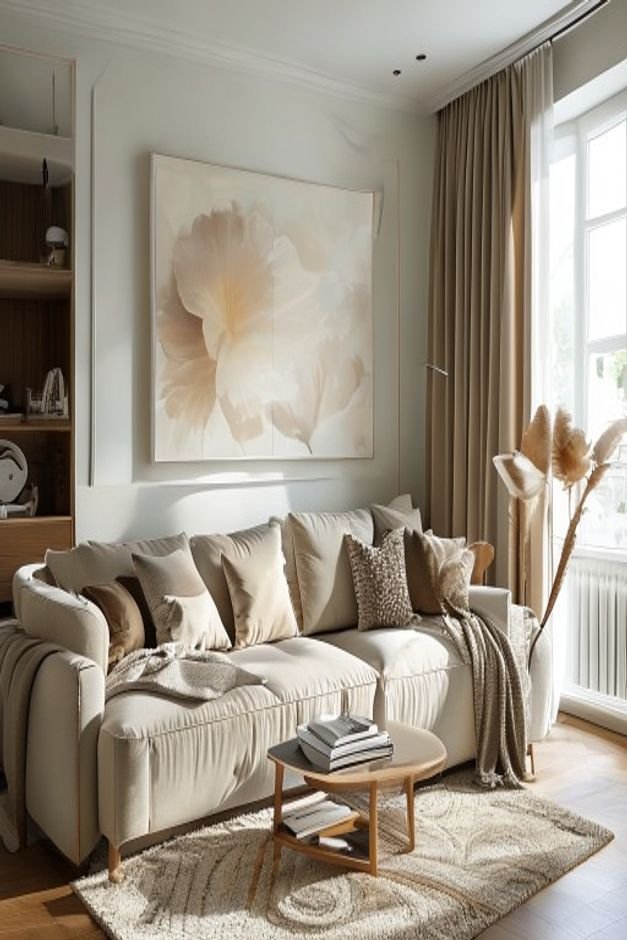 A wide-angle editorial shot of a living room demonstrating correct scale for above sofa wall decor A generously sized mo