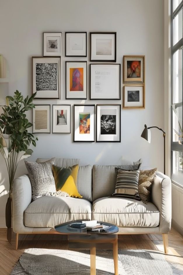 An editorial photo of a sophisticated gallery wall above a contemporary sofa The gallery features a mix of framed prints