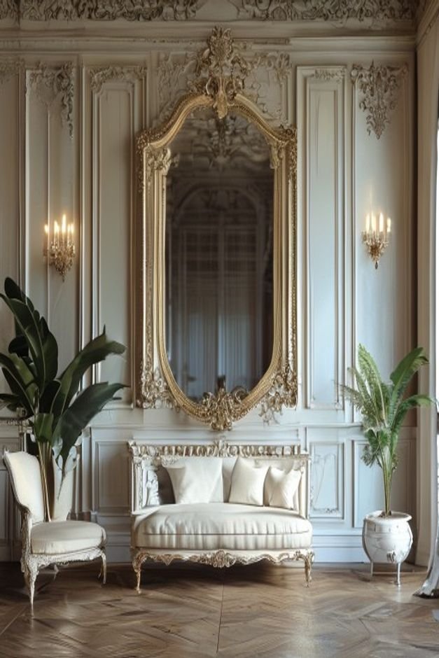 A beautifully composed editorial shot featuring a large ornate or minimalist mirror positioned centrally above a classic