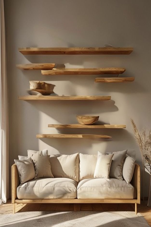 An editorial photo showcasing two or three floating wooden shelves artfully arranged above a sofa The shelves hold a cur