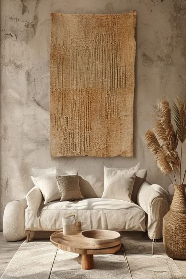 A warm and inviting editorial shot featuring a large textured textile art piece or a woven wall hanging above a linen so