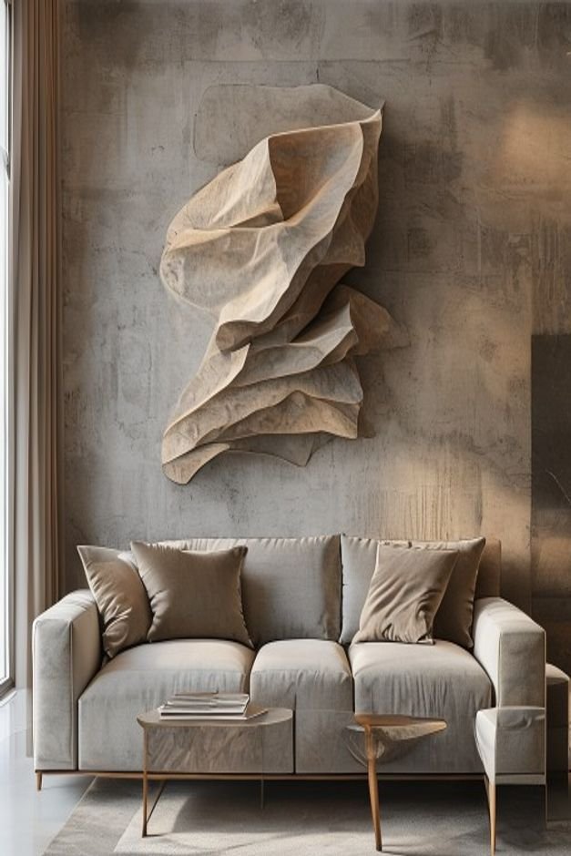 An editorial photo of a living room with a striking wall sculpture installed above the sofa The sculpture is a three-dim